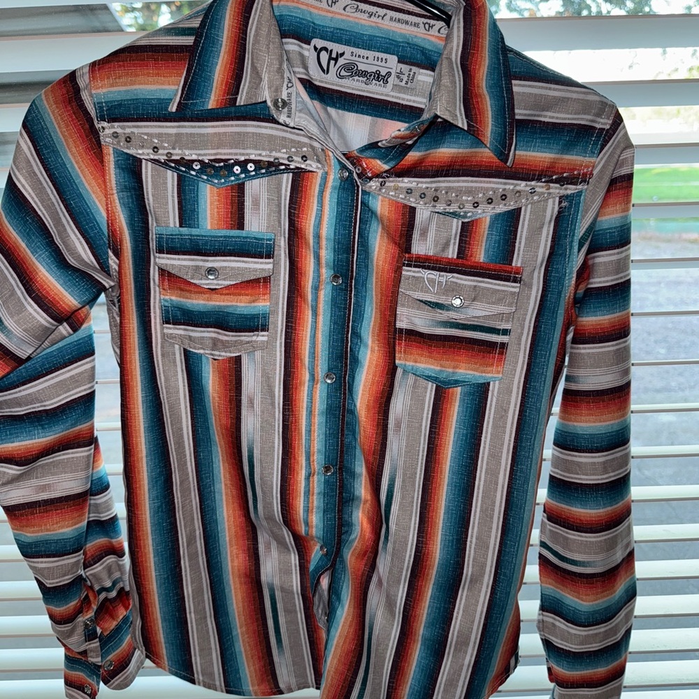 Blue and Red Button Down Shirt with Striped Pattern